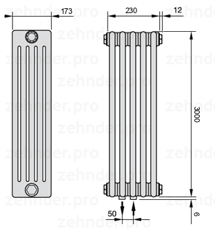 Схема (чертеж) Радиатор Zehnder Charleston 5300/5 №5410 Белый глянцевый RAL 9016